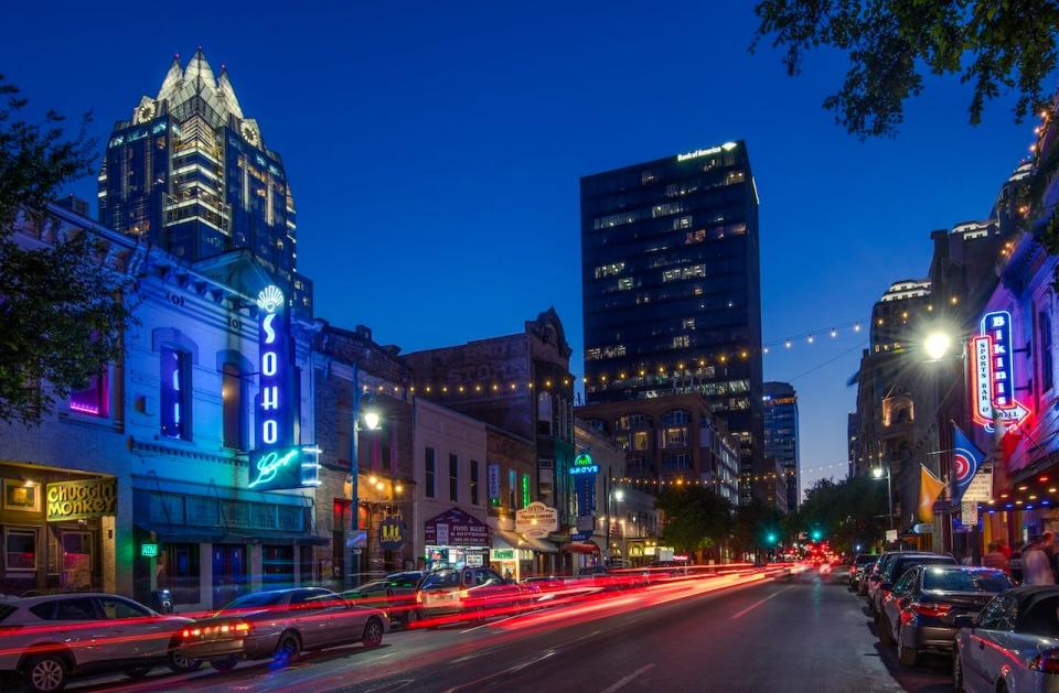 Austin's entertainment district at night.