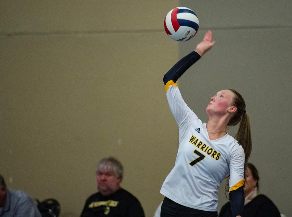 Oak Grove Warriors' Riley Edwards (7) hits the ball during MHSAA's Mississippi Volleyball Invitational at the Jackson Convention Complex in Jackson, Miss., on Friday, Aug. 2, 2024.