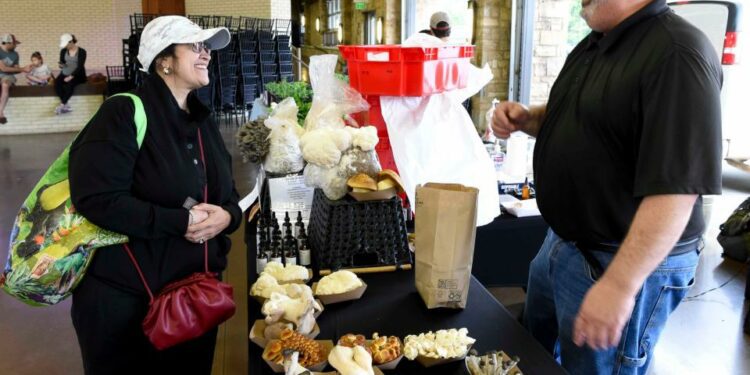 April 20, 2024; Tuscaloosa, AL, USA; Patrons peruse the produce and other products at the Tuscaloosa Farmers Market Saturday at Tuscaloosa River Market. Alka Wells talks with Martin Blair, the Mushroom Man, as he sells freshly grown mushrooms.