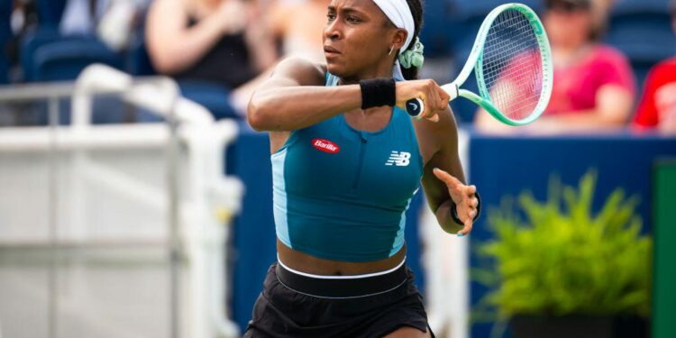 Coco Gauff of the United States in action against Yulia Putintseva of Kazakhstan in the second round on Day 5 of the Cincinnati Open