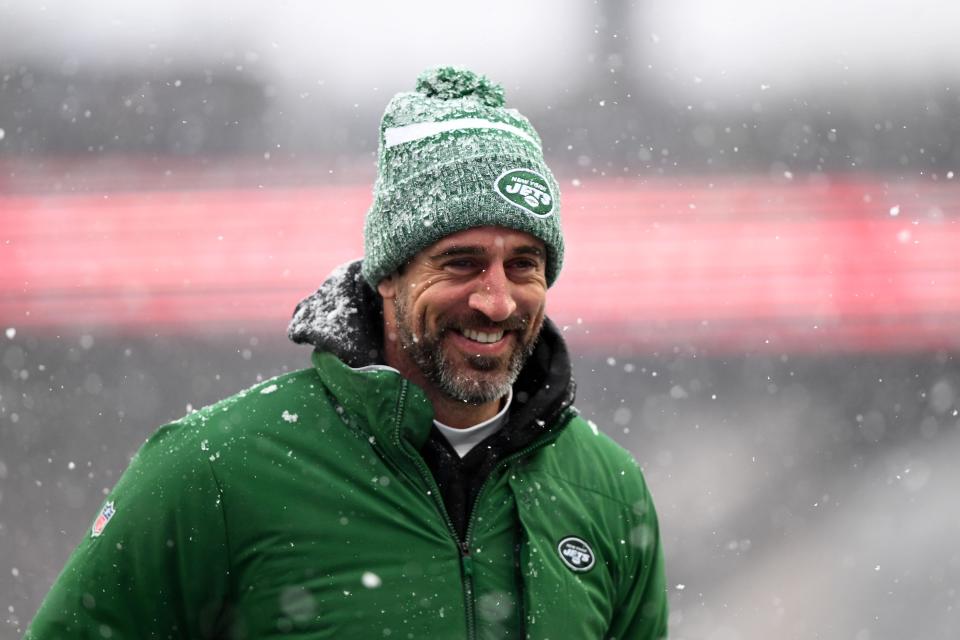 Jan 7, 2024; Foxborough, Massachusetts, USA; New York Jets quarterback Aaron Rodgers (8) walks off of the field before a game against the New England Patriots at Gillette Stadium. Mandatory Credit: Brian Fluharty-USA TODAY Sports