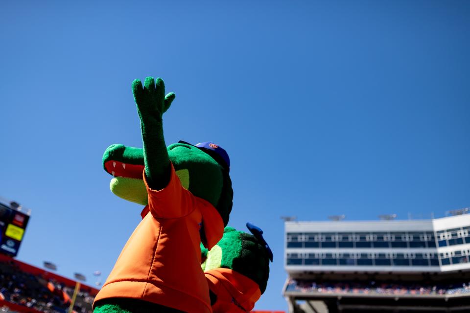 Florida Gators mascot Albert the Alligator raises his hands before the game against the Eastern Washington Eagles at Steve Spurrier Field at Ben Hill Griffin Stadium in Gainesville, FL on Sunday, October 2, 2022. [Matt Pendleton/Gainesville Sun]

Ncaa Football Florida Gators Vs Eastern Washington Eagles