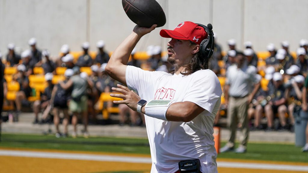 Utah Utes quarterback Cameron Rising (7) plays catch during a timeout in the second half of a game against the Baylor Bears at McLane Stadium.