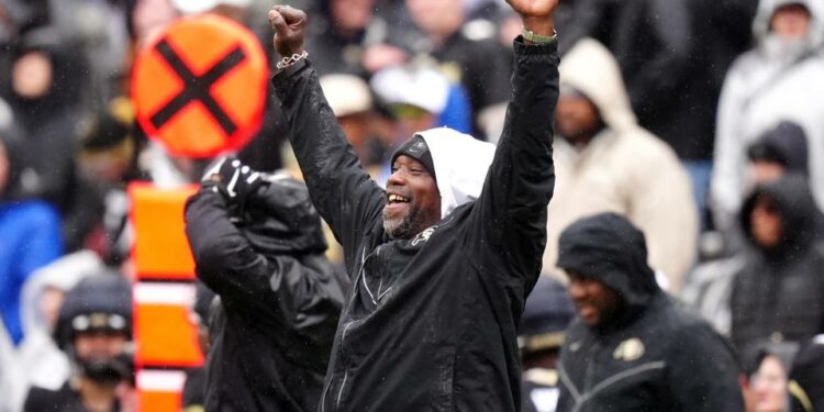 Apr 27, 2024; Boulder, CO, USA; Colorado Buffaloes defensive line coach Warren Sapp reacts on the sideline during a spring game event at Folsom Field. Mandatory Credit: Ron Chenoy-USA TODAY Sports