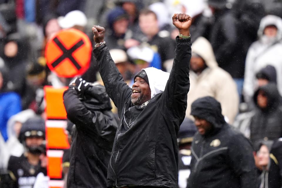 Apr 27, 2024; Boulder, CO, USA; Colorado Buffaloes defensive line coach Warren Sapp reacts on the sideline during a spring game event at Folsom Field. Mandatory Credit: Ron Chenoy-USA TODAY Sports