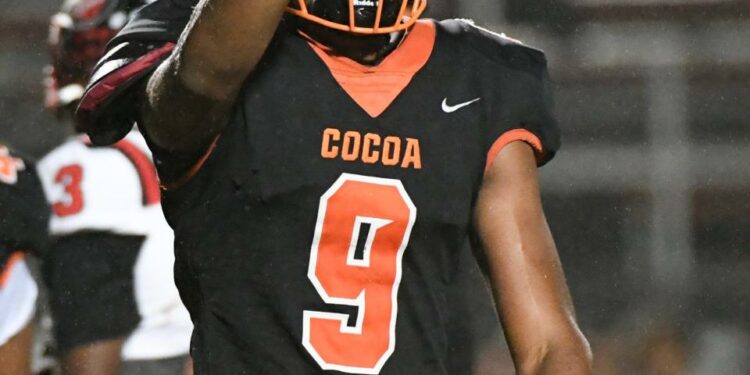 Javion Hilson of Cocoa reacts to a defensive play against Dunnellon in the FHSAA football playoffs Friday, November 17, 2023. Craig Bailey/FLORIDA TODAY via USA TODAY NETWORK