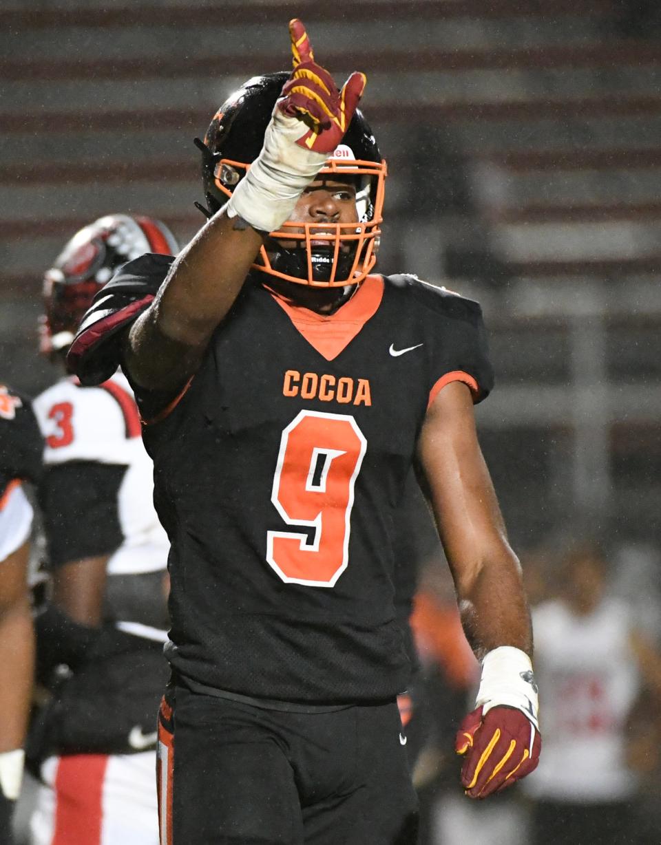 Javion Hilson of Cocoa reacts to a defensive play against Dunnellon in the FHSAA football playoffs Friday, November 17, 2023. Craig Bailey/FLORIDA TODAY via USA TODAY NETWORK