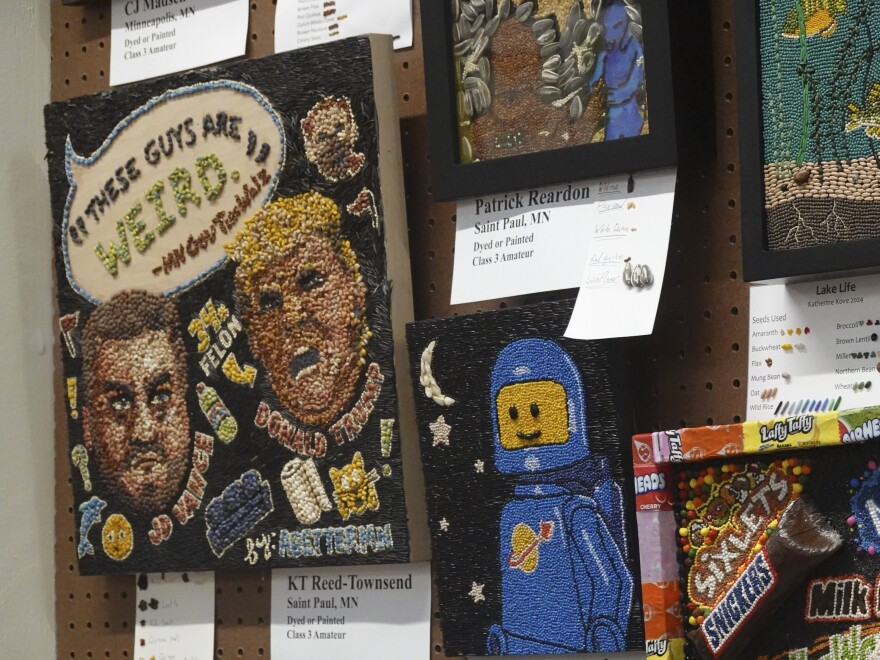 Several pieces of crop art — designs comprised of seeds, beans and other plant matter — are on display at the Minnesota State Fair. Political themes, especially in 2024, are popular with crop artists.  