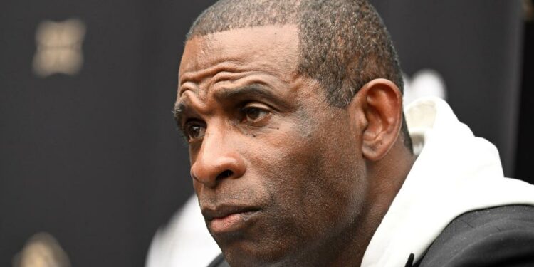 Jul 10, 2024; Las Vegas, NV, USA; Colorado Buffaloes head coach Deion Sanders speaks to the media during the Big 12 Media Days at Allegiant Stadium.