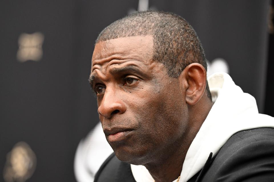 Jul 10, 2024; Las Vegas, NV, USA; Colorado Buffaloes head coach Deion Sanders speaks to the media during the Big 12 Media Days at Allegiant Stadium.