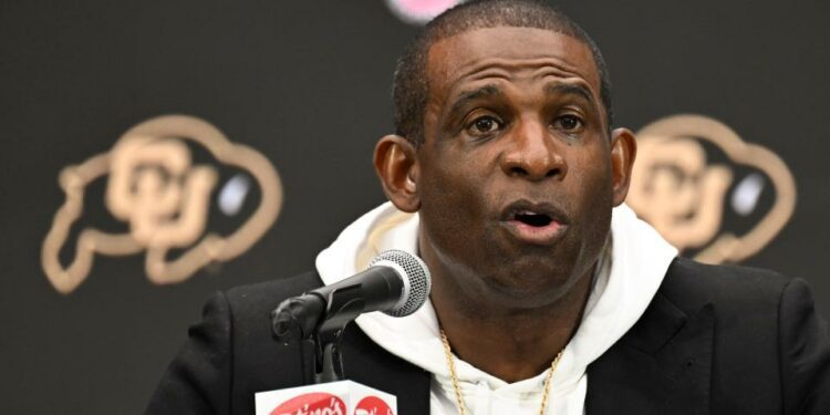 Jul 10, 2024; Las Vegas, NV, USA; Colorado Buffaloes head coach Deion Sanders speaks to the media during the Big 12 Media Days at Allegiant Stadium.