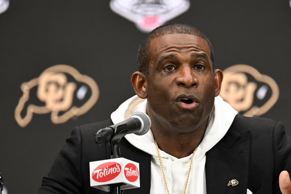 Jul 10, 2024; Las Vegas, NV, USA; Colorado Buffaloes head coach Deion Sanders speaks to the media during the Big 12 Media Days at Allegiant Stadium.