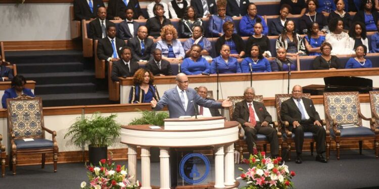 NBCUSA President Rev. Jerry Young, a Mississippi pastor, preaching at a March 2020 event featuring President Joe Biden. Young, who has led the nation's largest Black Baptist denomination for 10 years, looks to cede the reins to someone new depending on the outcome of an atypical NBCUSA presidential election at its 2024 annual session in Baltimore between Sept. 2-5.