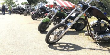 A line of motorcycles stood outside the vendors' area at the 45th annual Abate of Kansas National Labor Day Rally at Lake Perry.