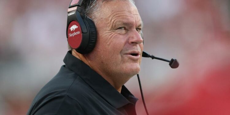 Sep 16, 2023; Fayetteville, Arkansas, USA; Arkansas Razorbacks head coach Sam Pittman during the first quarter against the BYU Cougars at Donald W. Reynolds Razorback Stadium.