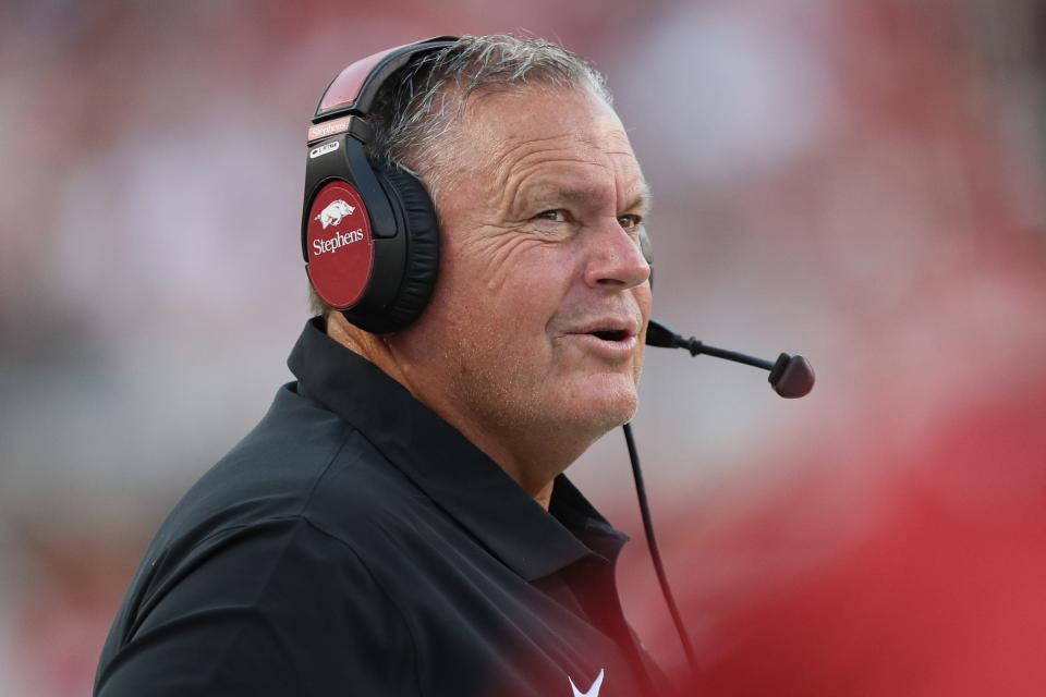 Sep 16, 2023; Fayetteville, Arkansas, USA; Arkansas Razorbacks head coach Sam Pittman during the first quarter against the BYU Cougars at Donald W. Reynolds Razorback Stadium.