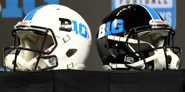 Jul 26, 2022; Indianapolis, IN, USA; Big Ten conference helmets are displayed during Big 10 football media days at Lucas Oil Stadium. Mandatory Credit: Robert Goddin-USA TODAY Sports