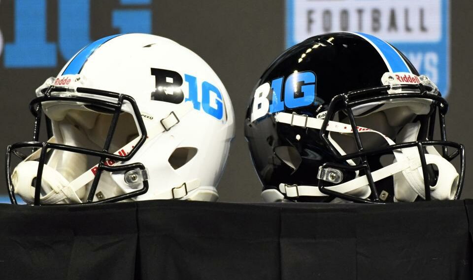 Jul 26, 2022; Indianapolis, IN, USA; Big Ten conference helmets are displayed during Big 10 football media days at Lucas Oil Stadium. Mandatory Credit: Robert Goddin-USA TODAY Sports