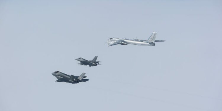 two cf 18 hornets, two f 35 lighting ii, and two f 16 fighting falcons fighter aircraft from norad positively identified and intercepted two russian tu 95 and two prc h 6 military aircraft operating in the alaska air defense identification zone adiz on july 24, 2024 norad employs a layered defense network of satellites, ground based and airborne radars and fighter aircraft in seamless interoperability to detect and track aircraft and inform appropriate actions norad remains ready to employ a number of response options in defense of north america department of defense photo