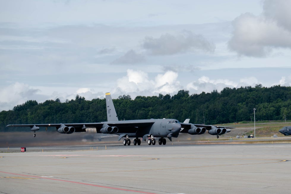 a us air force b 52 stratotanker from the 69th bomb squadron, minot air force base, nd, takes off july 17, 2024 on joint base elmendorf richardson, alaska two b 52s and crews participated in exercise arctic defender, a german air force led exercise that provides a unique opportunity to integrate various forces into joint, coalition and multilateral training from simulated forward operating bases and is part of several exercises under pacific skies 24 pacific skies is a combination of several exercises in the indo pacific theater in which german, french and spanish air forces participate with us forcesus air force photo by staff sgt hannah strobel