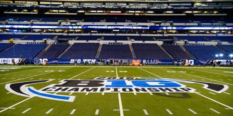 Dec 5, 2015; Indianapolis, IN, USA; General view of the logo on the field prior to the game between the Michigan State Spartans and the Iowa Hawkeyes in the Big Ten Conference football championship at Lucas Oil Stadium. Mandatory Credit: Shanna Lockwood-USA TODAY Sports