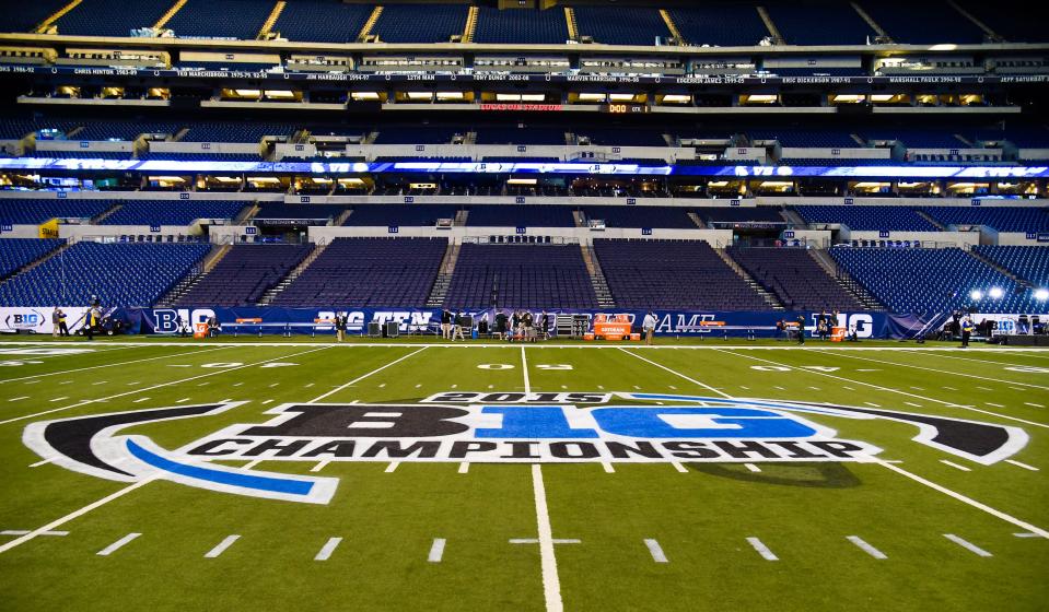 Dec 5, 2015; Indianapolis, IN, USA; General view of the logo on the field prior to the game between the Michigan State Spartans and the Iowa Hawkeyes in the Big Ten Conference football championship at Lucas Oil Stadium. Mandatory Credit: Shanna Lockwood-USA TODAY Sports