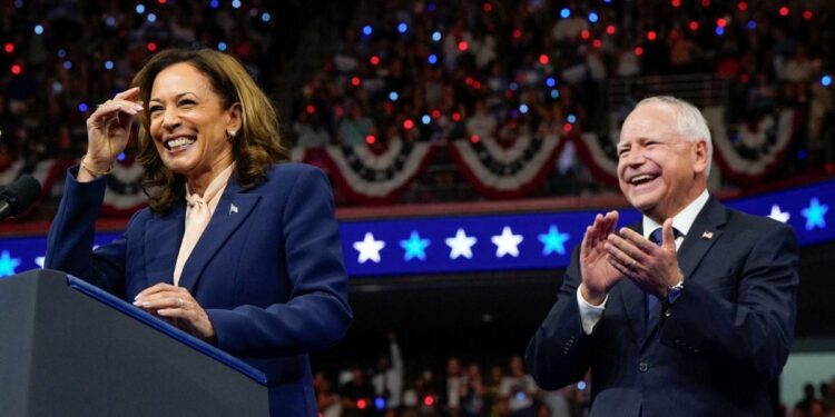 US Vice President and Democratic presidential candidate Kamala Harris holds a campaign rally with her newly chosen vice presidential running mate Minnesota Governor Tim Walz in Philadelphia, Pennsylvania, US, August 6, 2024. Reuters