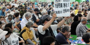 Anti-U.S. military political party All Okinawa said about 2,500 people attended a rally in Ginowan city, Saturday, Aug. 10, 2024. The demonstration focused on sexual misconduct charged against U.S. service members.