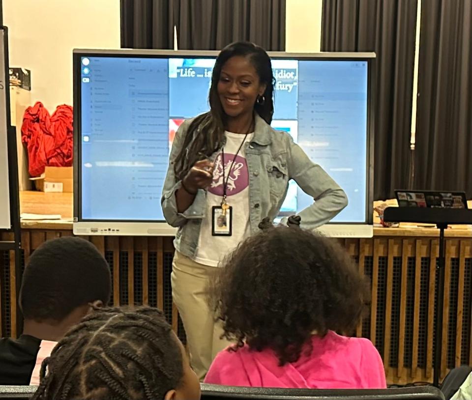 KeNiesha Watkins-Bernard teaches theater class at Meyzeek Middle School in Louisville, Kentucky.