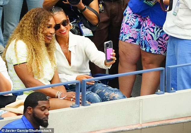 Serena donned a white mini skirt and matching top as she snapped a series of selfies with Alicia, 43, who donned  low-cut white shirt and ripped jeans