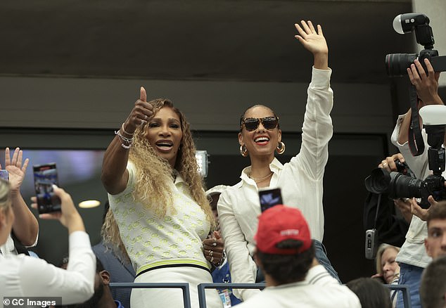 Serena enjoyed the action at Flushing with singer-songwriter Alicia and the pair smiled and waved at the crowds