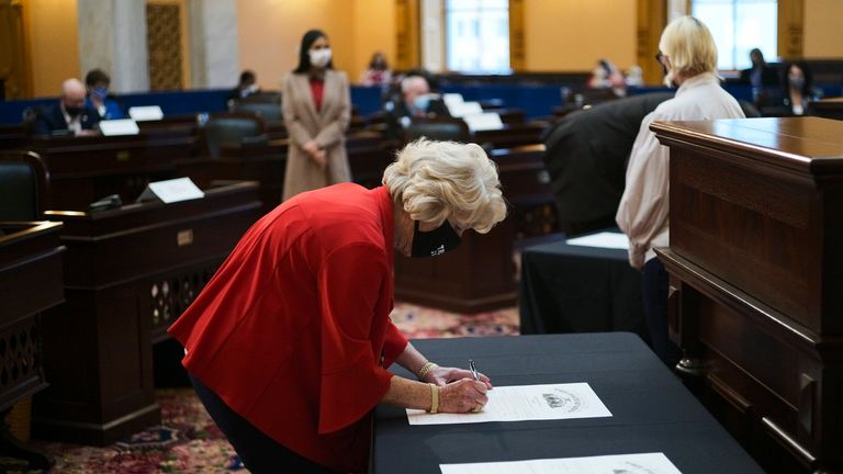 Ohio Elector Patti Alderman confirming electoral votes for state in 2020 election. Pic: AP