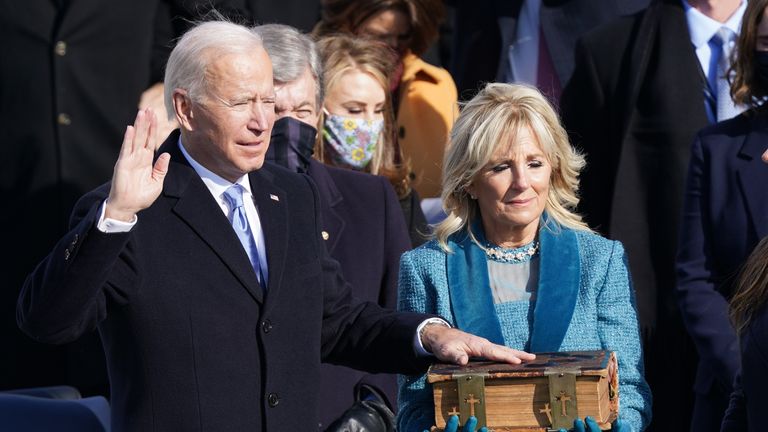 Joe Biden is sworn in as the 46th President of the United States on the West Front of the U.S. Capitol in Washington, U.S., January 20, 2021. REUTERS/Kevin Lamarque