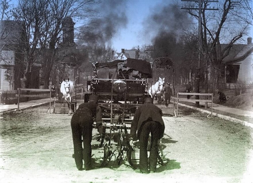 The Kansas City fire department responds to a fire in the 1880s. Hale’s men were trained to handle modern firefighting equipment and they were highly disciplined.