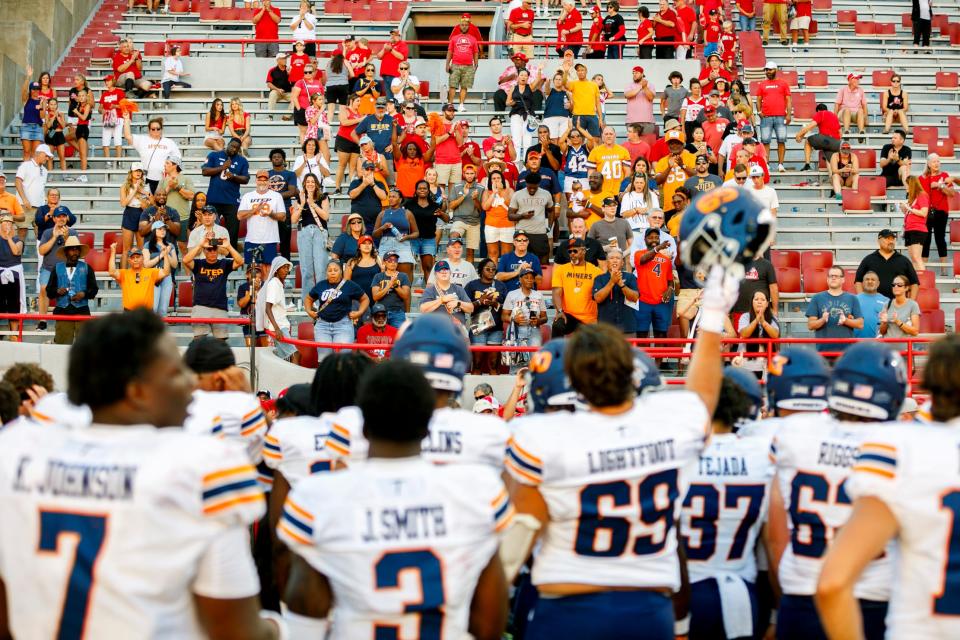 UTEP Miners fans greet players after facing the Nebraska Cornhuskers at Memorial Stadium in Lincoln, Nebraska, Saturday, August 31, 2024. The Cornhuskers defeated the Miners 40-7 in the first game of the season for both teams.