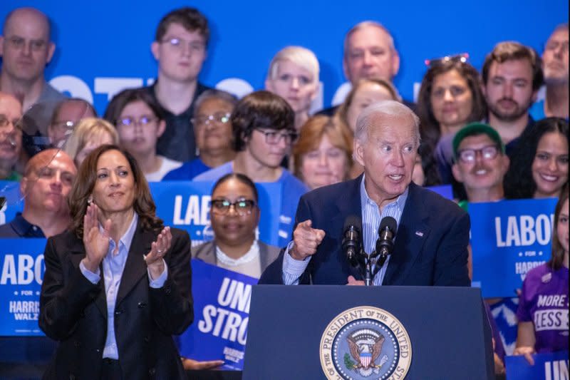 President Joe Biden speaks during a campaign rally for Vice President Kamala Harris in Pittsburgh at IBEW Local Union #5 on Labor Day. Photo by David Muse/UPI