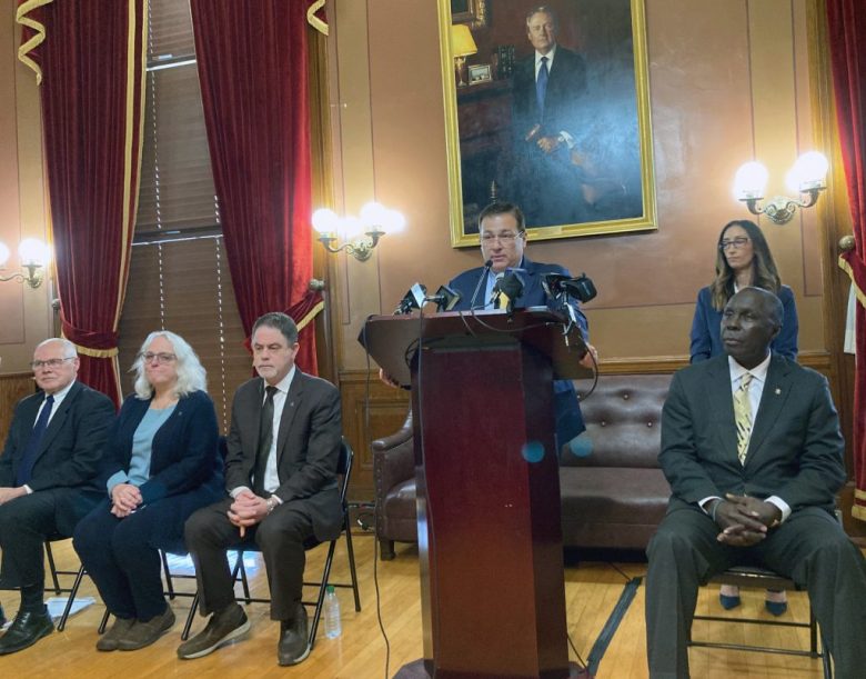 RI House Speaker Joe Shekarchi speaks at news conference at the statehouse in March 2023.