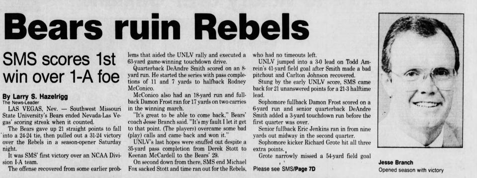 A clipping from a Springfield News-Leader article on Sept. 2, 1990, following Missouri State's win over UNLV. It remains the only time the Bears have beaten an FBS opponent.