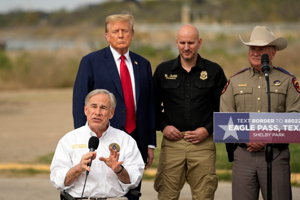 Texas Gov. Abbott speaks in Eagle Pass on the Democrats failed border policies on February 29, 2024. AP