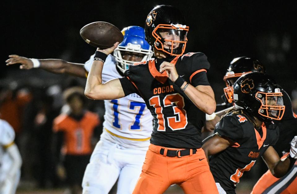 Brady Hart of the Cocoa Tigers passes the ball during the game against Titusville Friday, August 23, 2024. Craig Bailey/FLORIDA TODAY via USA TODAY NETWORK