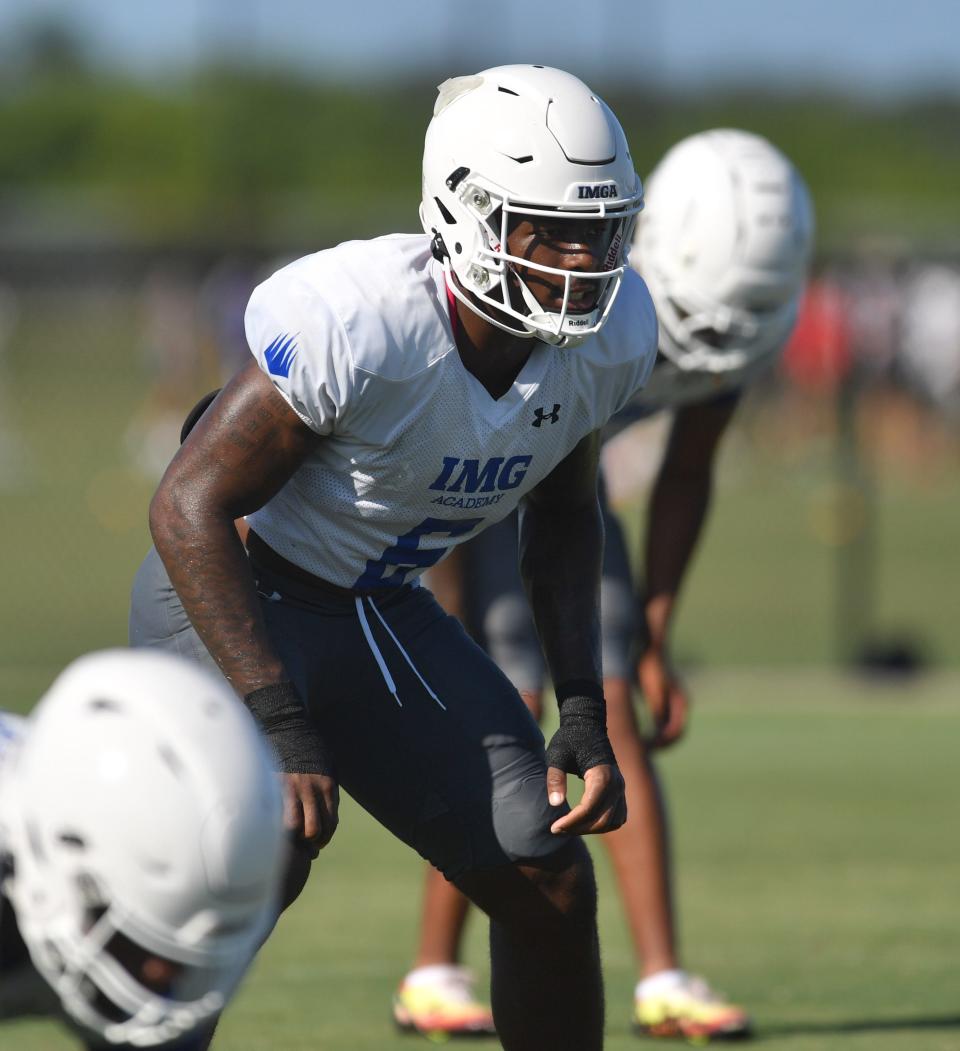 Linebacker Gavin Nix (#6) during practice on Friday, Aug. 2, 2024 on IMG Academy Football Media Day in Bradenton, Florida.