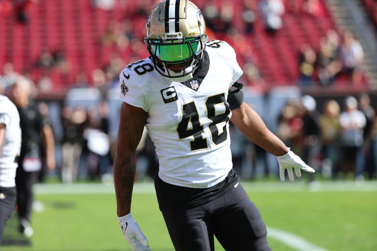 Dec 31, 2023; Tampa, Florida, USA; New Orleans Saints safety J.T. Gray (48) against the Tampa Bay Buccaneers prior to the game at Raymond James Stadium. Mandatory Credit: Kim Klement Neitzel-USA TODAY Sports