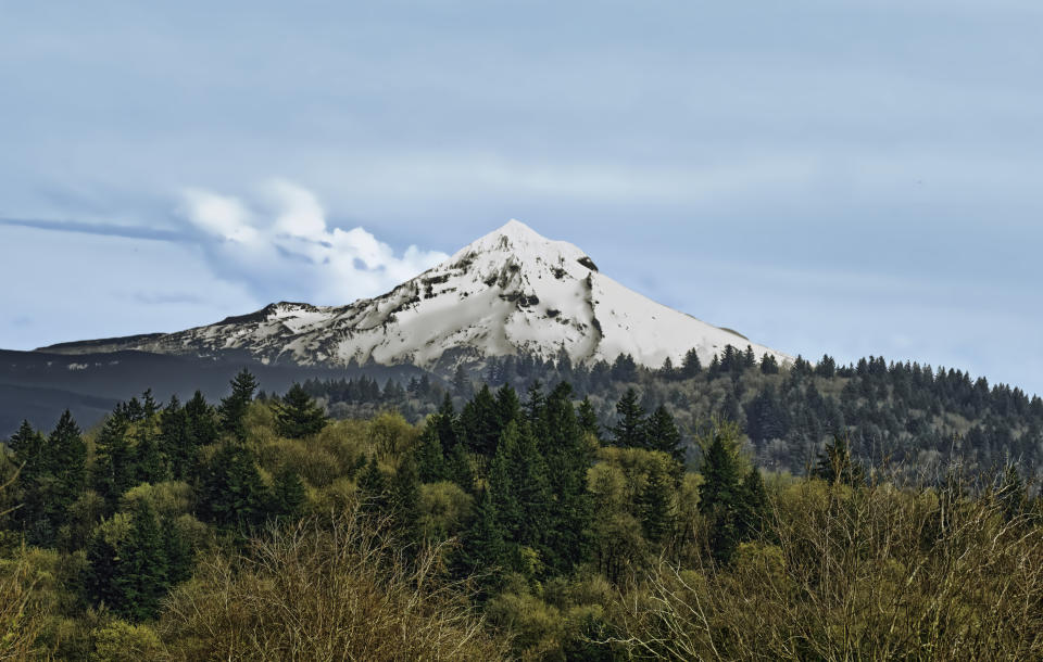 A color HDR photograph of Mount Hood taken from Powell Butte Nature Park in Portland, Oregon. This photo was taken on March 27, 2022.