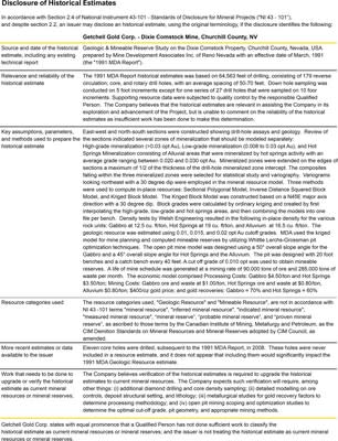 Disclosure of Historical Estimates - Dixie Comstock Mine (CNW Group/Getchell Gold Corp.)