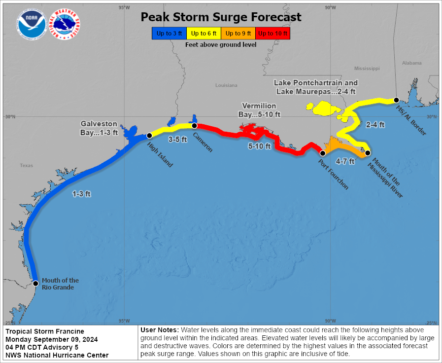 A peak storm surge of up to 10 feet, if landfall occurs near high tide, is forecast along parts of the Central Louisiana coast on Wednesday, the National Hurricane Center said.