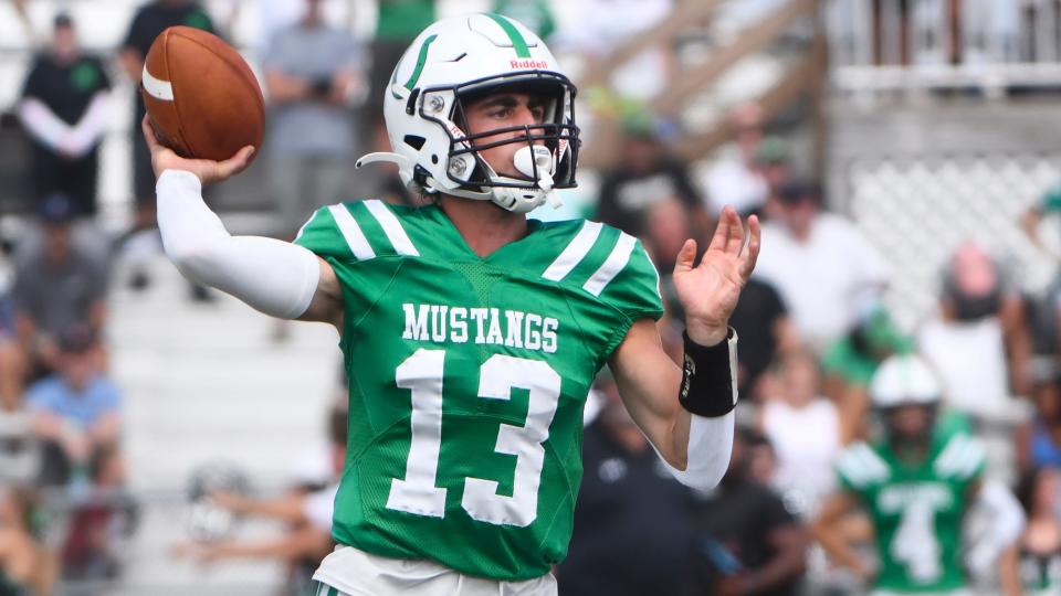 Mainland's John Franchini throws a pass during the Battle at the Beach IV football game between Mainland and Atlantic City played at Ocean City High School on Thursday, August 29, 2024.