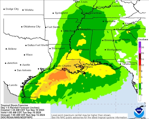 Rainfall Forecast for Tropical Storm Francine.