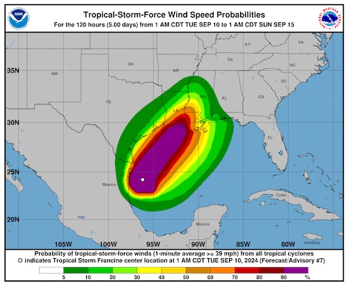 NHC tropical-storm-force wind speed probabilities predictions from Tropical Storm Francine.