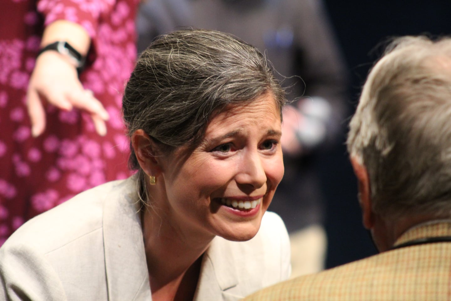 Maggie Goodlander visits with supporters after a debate on Sept. 4 at New England College in Henniker, N.H. 