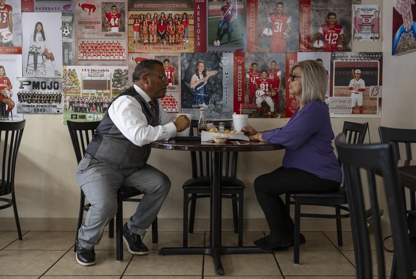 Javier Joven chats with his wife Jo Ann while they visit a local restaurant Monday, Aug. 12, 2024, in Odessa.